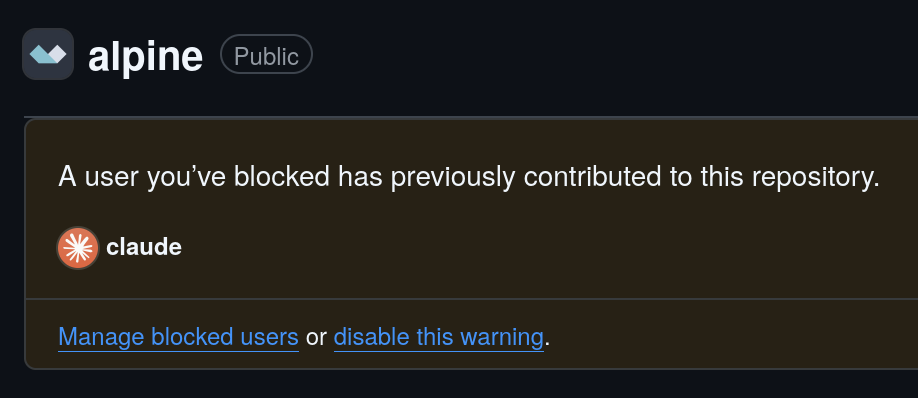 GitHub screenshot: alpine (public). A user you’ve blocked has previously contributed to this repository. claude.